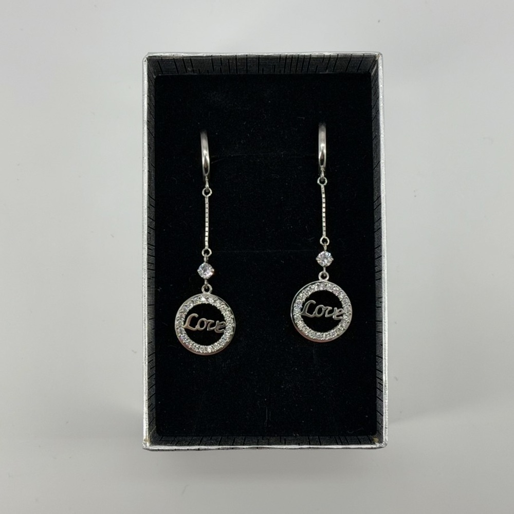 14K White Gold Love Dangle Earrings Circle Drop CZ Halo Design
